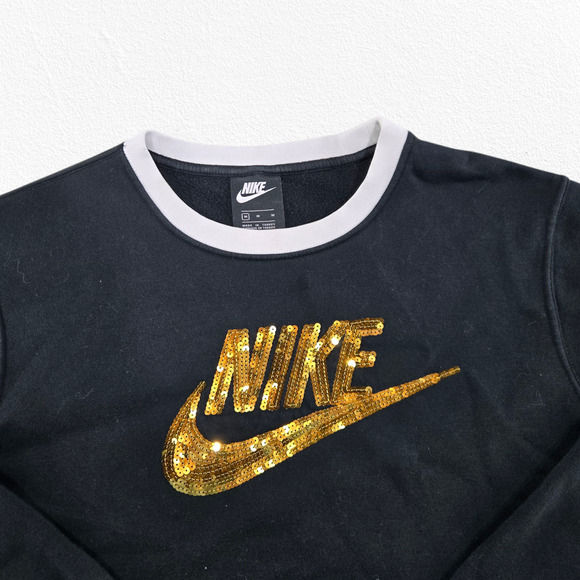 Nike Black Gold Sequin Logo Pullover Athletic Crewneck Sweatshirt Size Medium - Picture 3 of 8